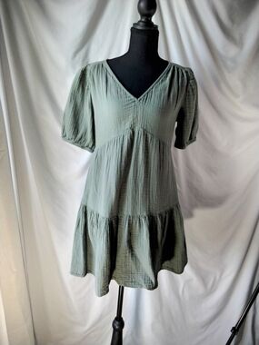 GAP Sage Green V-Neck Tiered Mini Dress